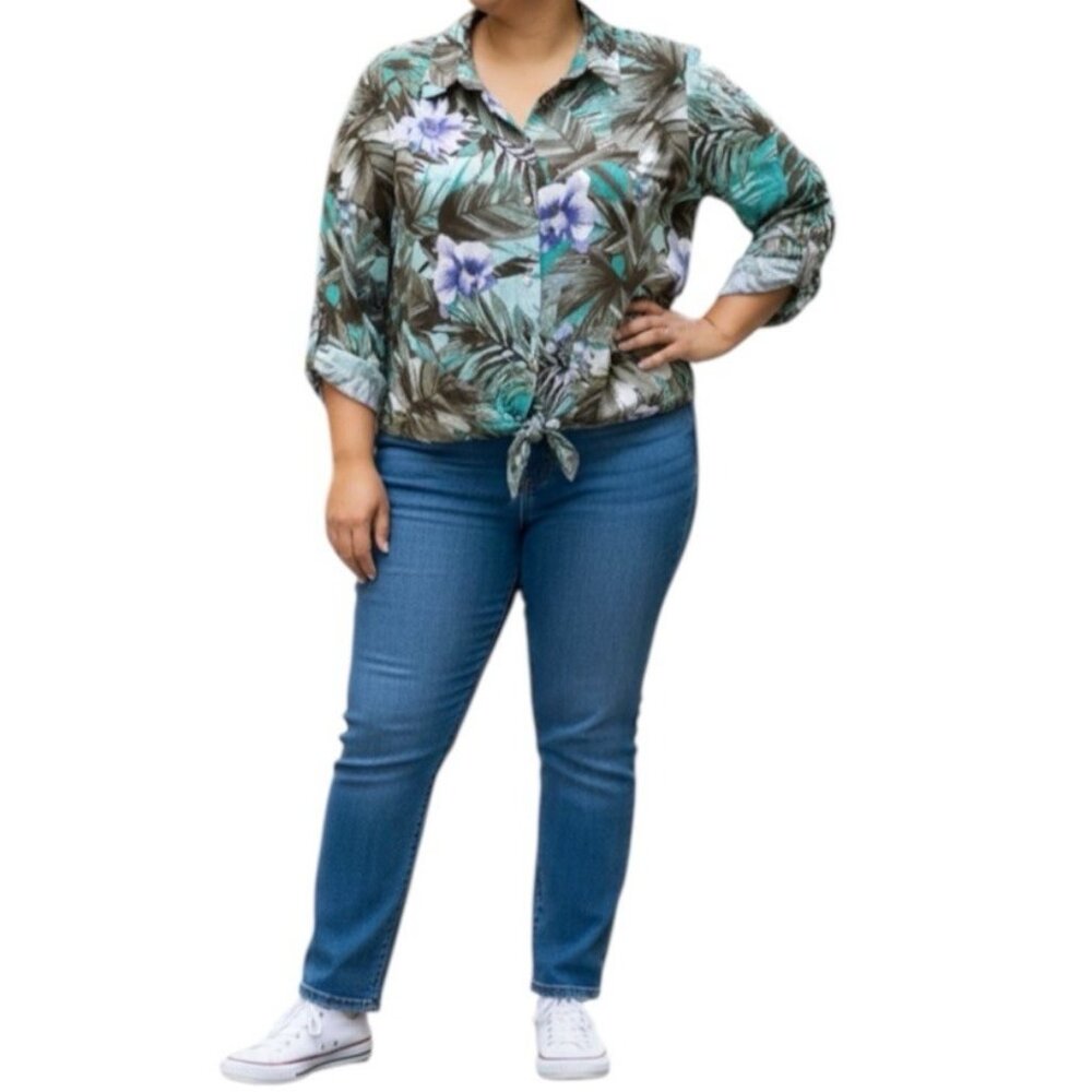 Chico's Green Tropical Print Button Waist Tie Resort Wear Travel Blouse Large